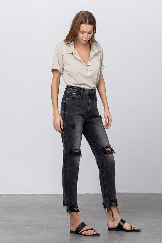 HIGH WAIST MOM FIT BLACK ANKLE JEANS