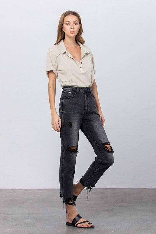 HIGH WAIST MOM FIT BLACK ANKLE JEANS