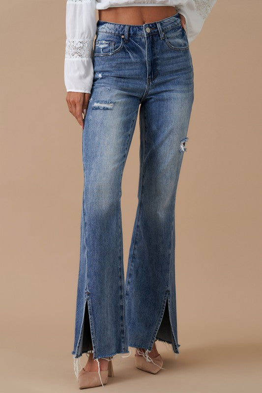 High Rise Slit Flare Denim